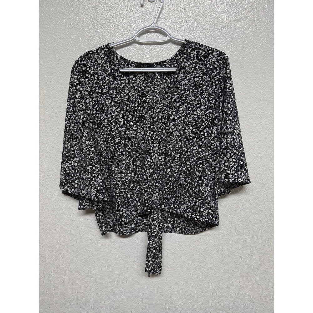 1.State Tie-Waist Top Blouse Black White Flowers 3/4 Sz Large bell sleeve EUC